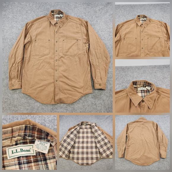 LL Bean Shirt Mens Medium Brown Canvas Flannel Lined Button Up Workwear Cotton - Picture 1 of 12